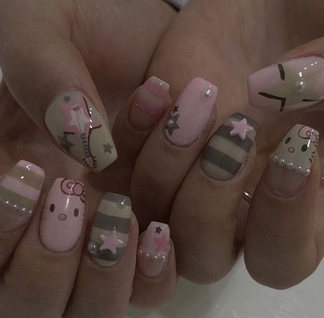 Hello Kitty Nails Press On, Choco Cat Nails, Gel X Nails Designs Square, Glitter Frenchies Nails, Big Charm Nails, Igor Nails, Simple Coquette Nails, Hello Kitty Nails Design, Cat Inspired Nails