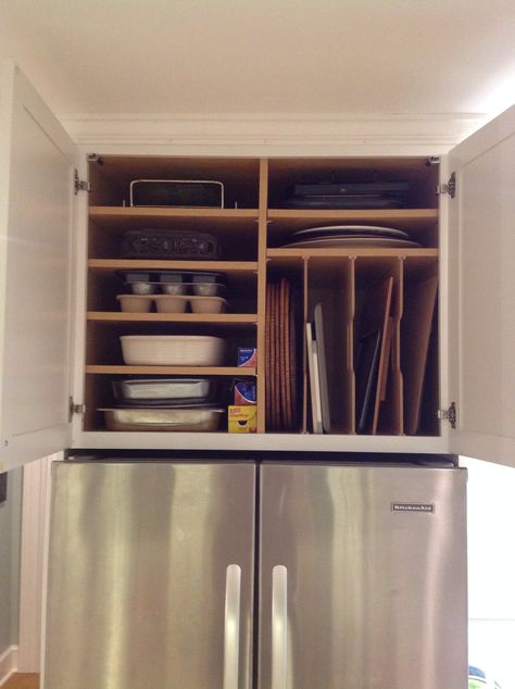 Above Microwave Cabinet Storage Ideas, Cookie Sheet Storage Above Fridge, Above Refrigerator Cabinet Organization, Above Fridge Cabinet Storage Ideas, Fridge In Small Kitchen Ideas, In Cabinet Storage Ideas, Refrigerator Cabinets Ideas, Cupboards Around Refrigerator, Cookbooks Above Fridge