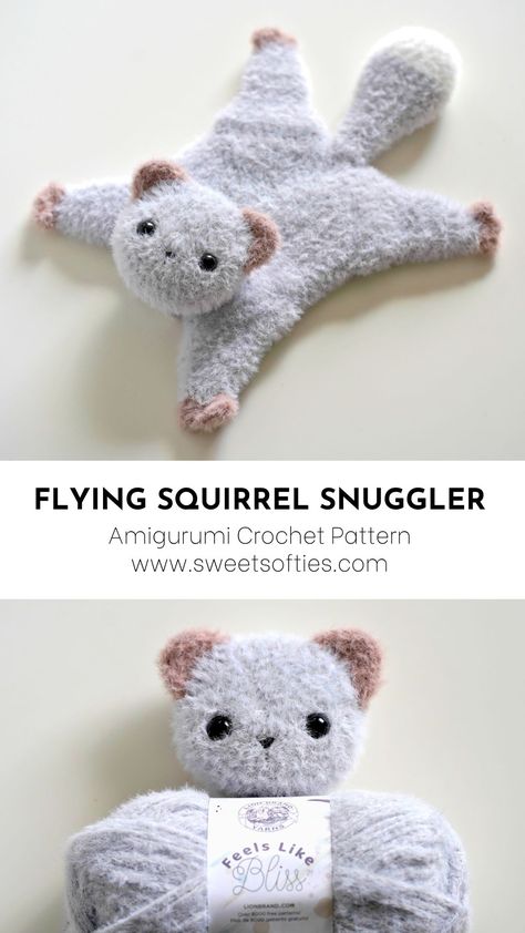 Amigurumi Patterns, Puppy Snuggler Crochet Pattern, Crochet Flying Squirrel, Sew Eyes On Amigurumi, Crochet Cat Snuggler, Crochet Softies Free Pattern, Things To Sell Crochet, Crochet Jellycat Pattern, Crocheted Dog Toys