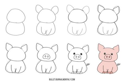 Kawaii, Cute Cartoon Pig Drawing, Step By Step Farm Animal Drawing, Farm Doodles Easy, How To Draw A Pig Step By Step, Farm Animal Drawings Sketches, Pig Line Drawing, Draw Pig Easy, Cute Pig Drawing Easy