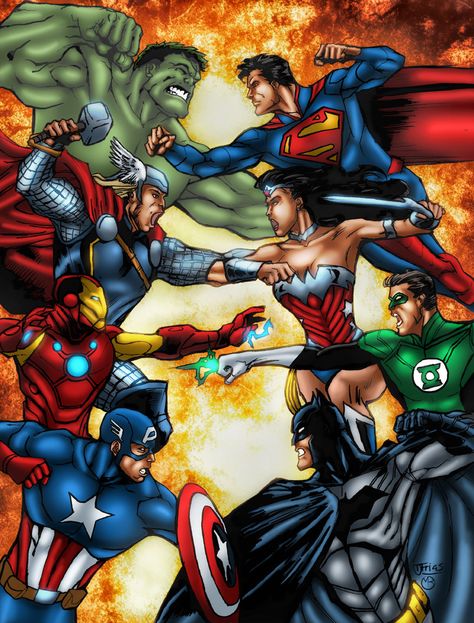 avengers and justice league… Avengers Vs Justice League, Dc Comics Vs Marvel, Marvel And Dc Crossover, Hulk Art, Dc Comics Heroes, Superhero Team, Avengers Comics, Marvel Vs Dc, Marvel Vs