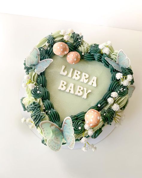 Mushroom Themed Birthday Cake, Heart Fairy Cake, Libra Birthday Ideas, Pink And Green Cake Aesthetic, Libra Heart Cake, Mushroom Theme Cake, October Cakes Birthday, Libra Szn Cake, Fairy Heart Cake