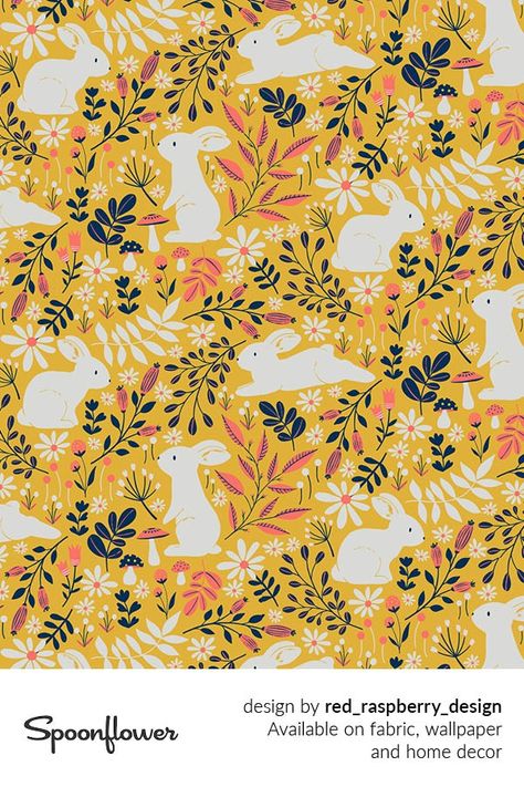 Spoonflower Fabric Prints Patterns, Bunny Pattern Illustration, Spring Pattern Illustration, Spring Patterns Design, Spring Bunnies, Rabbit Fabric, Easter Patterns, Easter Pattern, Spring Designs