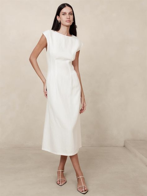 Summer Office Dress, White Dresses Graduation, White Linen Dresses, Linen Fashion, Linen Midi Dress, Belted Midi Dress, Grad Dresses, Office Dresses, Professional Dresses