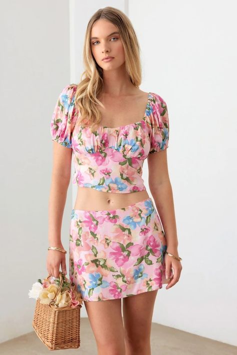 Shop Trendy Women's New Arrivals | Rocca & Co Puff Sleeve Top And Skirt, Puff Shirt, Crop Top And Mini Skirt, Floral Puff Sleeve Top, Floral Bustier, Mini Skirt Set, Puff Sleeve Crop Top, Summer Boho, Summer Set