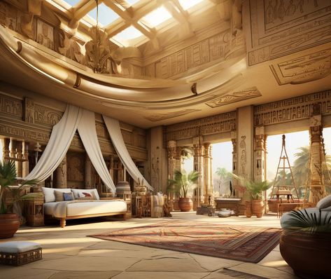 Arabian Palace Bedroom, Egyptian Architecture Concept Art, Arabic Style Bedroom, Ancient Rome Bedroom, Arabian Palace Aesthetic, Egyptian Style House, Egyptian Themed Room, Desert Palace Aesthetic, Egyptian Palace Concept Art