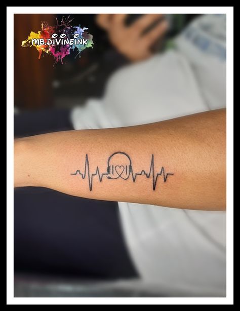 Heartbeat tattoo, Music tattoo, Heart tattoo, Head phones tattoo, Musical symbol tattoo, Music lover tattoo, Wrist tattoo, Small tattoo, Black tattoo INSTAGRAM:- www.instagram.com/mb.divineink Music Notes Tattoo For Men, Rhythm Tattoo Design, Music Is Healing Tattoo, Heart With Headphones Tattoo, Music Couples Tattoos, Heartbeat Music Tattoo, Music And Heart Tattoos, Music Heartbeat Tattoo, Music Tatooes