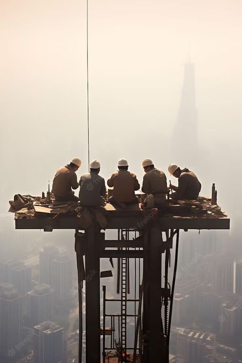 Premium AI Image | workers on a construction site, one of which is the tallest building. Construction Site Aesthetic, Gifts For Construction Workers, Construction Aesthetic, Safety Campaign, Construction Photography, Japanese Workwear, Construction Images, Dangerous Jobs, Real Estate Marketing Design