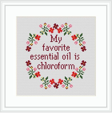 My Favorite Essential Oil is Chloroform. Funny Cross Stitch Design. Funny Sarcastic Subversive Cross Stitch Kit. Housewarming Gift. - Etsy Subversive Embroidery, Beginner Stitches, Bamboo Embroidery, Subversive Cross Stitch Patterns, Word Text, Stitch Quote, Cross Stitch Quotes, Funny Cross Stitch Patterns, Subversive Cross Stitch