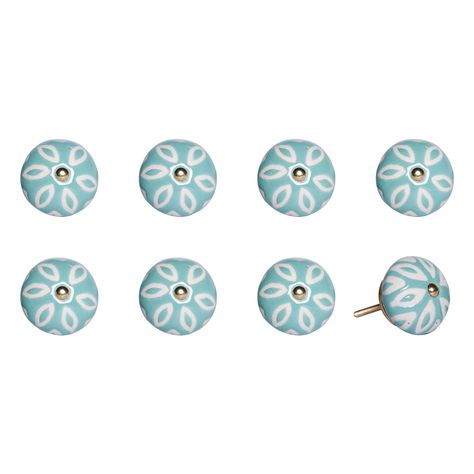 Cheerful and refreshing, our unique vintage knobs are a great addition to any room. Beautifully hand painted by skilled artisans, the bright colors and antique charm add a bohemian flair and traditional touch. With bolts that can be trimmed to size, our knobs are useful in a variety of applications, including cabinets, drawers, doors, cupboards and more. Dress up your furniture without breaking the bank! Features: Hand painted with antique charm No additional hardware required 1.5 in. diameter 1 inch bolt can be trimmed to size Easy Installation - Insert the knob bolt through the hole on the front of the cabinet/drawer/door with one hand. Screw the accompanying knob nut over the bolt from the back. Make the first few turns with your fingers, then switch to a wrench. Tighten the screw with Taj Hotel, Home Decor Classic, Modern Cabinet Knobs, Classic Cabinet, Polish Ceramics, Vintage Knobs, Cabinets Drawers, Rustic Doors, Gold Ceramic