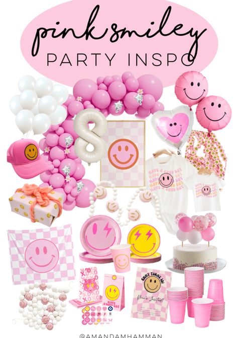 Pink Retro Birthday Party, Smiley Faces Birthday Party, Pink Preppy Birthday Party Ideas, Cute Theme Birthday Party, Disco Smiley Birthday, Smiley Face Disco Party, Smiley Balloon Arch, Pink Happy Face Birthday Party, Daisy And Smiley Face Party