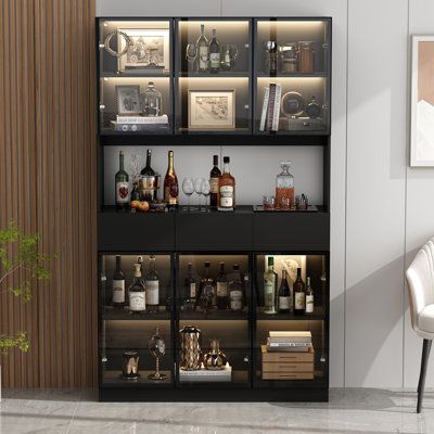 Glass Alcohol Cabinet, Alcohol Cellar, Bar Glass Cabinet, Moody Bar Design, Black Kitchen Pantry, Modern Liquor Cabinet, Elegant Black Kitchen, Black Bar Cabinet, Bangalore Apartment