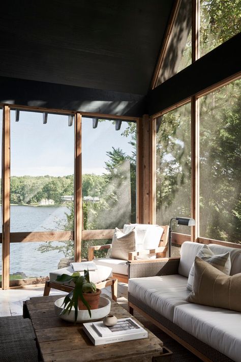 We love a screened in porch moment! Cozy porch ideas with sofa, chaise, and a rustic lake house style with modern elements | Lilly Taylor Interiors Lake House Porch, Ideas Habitaciones, Porch Design Ideas, Lake House Interior, Lakeside Living, White Upholstery, Screened In Patio, Small Porches, Dream Cottage