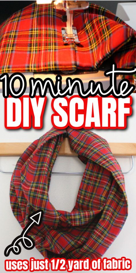 How to make a scarf with 1_2 yard of fabric and 10 minutes. Great sewing project for new beginners. via @raegun Couture, Diy Infinity Scarf, Make A Scarf, Infinity Scarf Tutorial, Sewing Scarves, Scarf Sewing Pattern, Making Scarves, Flannel Scarves, Infinity Scarf Pattern