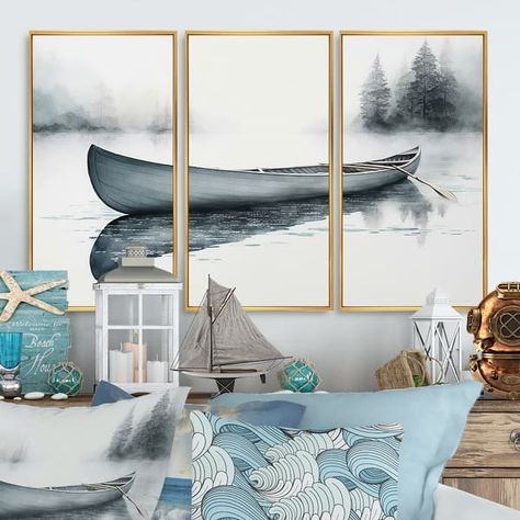 Designart "Canoe On The Lake II" Coastal Boat Framed Canvas Art Print - 3 Panels - Bed Bath & Beyond - 37911572 Small Lake Cottage Interiors, Small Lake Cottage, Lake House Living Room Decor, Modern Lake House Decor, Ski Wall Decor, Lake House Master, Decor Above Kitchen Cabinets, Lake Cottage Decor, Paddle Decor