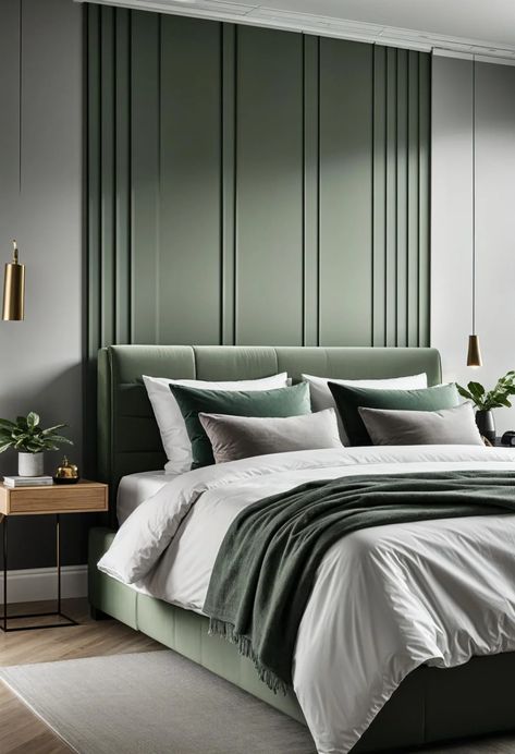 29 Sage Green and Grey Bedroom Ideas: Chic Decor 19 Green Combination Bedroom, Gray Green Interior, Green And Grey Bedroom, Interior Design Colour Schemes, Sage Bedroom, Queen Sized Bedroom, Sage Green Bedroom, Dark Bedroom, Green Bedroom