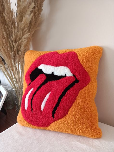 Funky Decorative Pillows, Funky Bed Pillows, Funky Throw Pillow, Lips Tufted Rug, Punch Embroidery Pillow, Tufted Clothes, Tuft Pillow, Tufting Pillow, Cool Throw Pillows