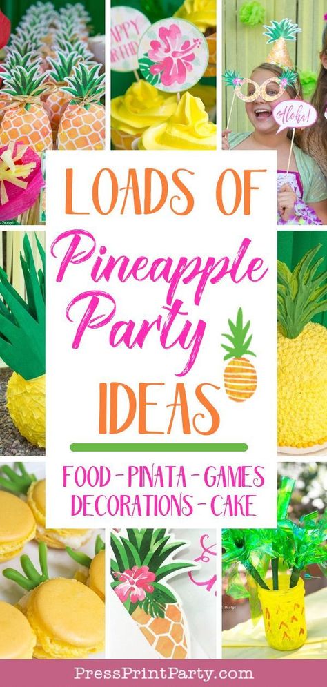 PINEAPPLE PARTY IDEAS - All for a pineapple theme luau birthday party for kids. Decorations, cake, cupcakes, DIYS, crafts, games & activities, dessert table, pineapple macarons and printables. Great tropical decorations and centerpieces. Complete with a photo booth. Perfect party for teens and tweens. Party like a pineapple. #pineapple #party #decorations #kidsbirthday #birthdayparty #luau #pressprintparty #pineappleparty Pineapple Party Food, Pineapple Games, Luau Birthday Party For Kids, Pineapple Themed Birthday Party, Pineapple Party Ideas, Pineapple Macarons, Pineapple Decorations, Pineapple Pool Party, Pineapple Party Favors
