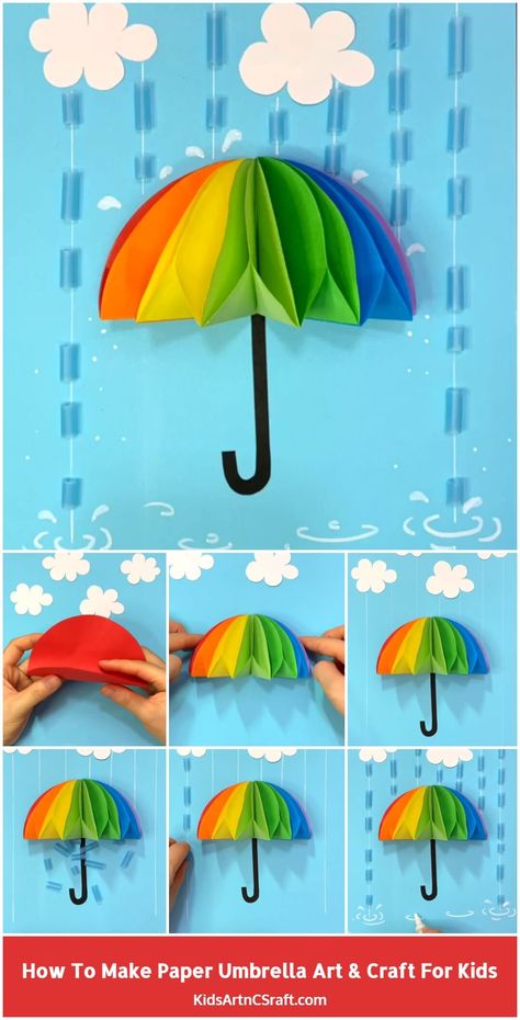 How to Make Paper Umbrella Craft for Kids – Step by Step Tutorial - Kids Art & Craft Umbrella Craft For Kids, Paper Umbrella Craft, Umbrella Template, Umbrella Craft, Paper Umbrella, Cloud Craft, Umbrella Decorations, Rainy Day Crafts, Paper Umbrellas