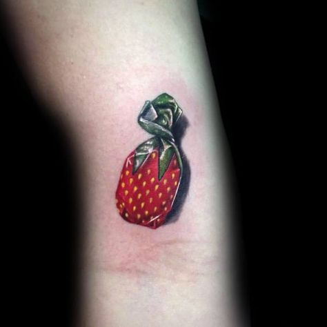 Sweet Tart Tattoo, Candy Man Tattoo, Sweets Tattoo Ideas, Strawberry Candy Tattoo, Candy Tattoo Ideas Small, Haribo Tattoo, Sweet Tattoos Candy, Halloween Candy Tattoo, Sundae Tattoo