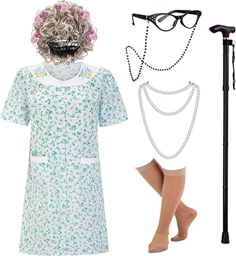 Halloween Granny Costume, Halloween Old Lady Costume, Old Lady Costume For Women Diy, Grandma Dress Up, Old Women Costume, Granny Costume For Adults, Old People Dress Up Day, Granny Outfit Costume, Old Lady Party Theme