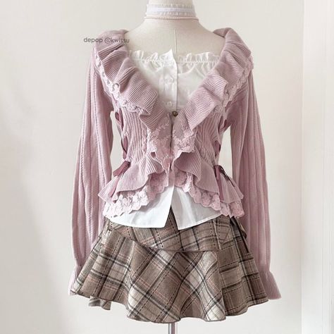 Kawaii, Morikei Outfits, Cute Outfit Inspo Summer, Shoujo Aesthetic, Himekaji Outfits, Shoujo Girl, Button Front Sweater, Muted Purple, Ruffle Cardigan