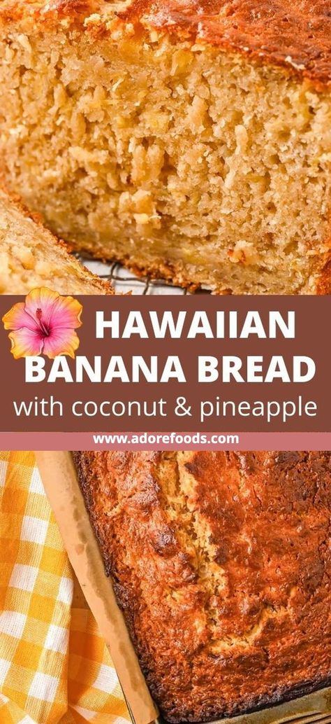 🍌🥥 Hawaiian Breakfast Delight Best moist Hawaiian banana bread with crushed pineapple and coconut makes for the perfect island-vibe breakfast #HawaiianBananaBread #PineappleCoconutBread #IslandBaking #TropicalTreats #CaribbeanKitchen Banana Bread With Pineapple, Hawaiian Banana Bread Recipe, Hawaiian Bread Recipe, Pineapple Coconut Bread, Hawaiian Dessert Recipes, Hawaiian Breakfast, Hawaiian Banana Bread, Hawaiian Desserts, Coconut Banana Bread