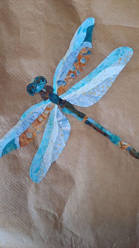 Fabric Collage Patterns. | And my dragonfly...I think I will use it on a bag.... Patchwork, Fabric Collage Ideas Textiles, Fabric Collage Patterns Free, Dragonfly Quilt Pattern, Dragonfly Quilt Block, Fabric Collage Patterns, Dragonfly Collage, Patchwork Shirt Diy, Fabric Dragonfly