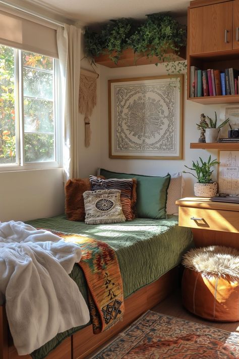 Creative Small Bedroom Design Ideas to Maximize Space - Remodr Small Bedroom Must Haves, Small City Bedroom Ideas, Small Retro Bedroom, Eclectic Decor Bedroom Small Spaces, Bedroom Ideas Small Spaces Cozy, How To Maximize Small Spaces Bedrooms, Eclectic Small Bedroom, Queen Bed Small Room Layout, Small Bedroom With Couch