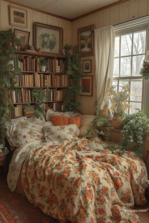 Book Lover's Bedroom Ideas: Create Your Cozy Literary Haven - Puqqu Colorful Whimsical Bedroom, English Garden Inspired Bedroom, Cute Bedroom Interior, Pastel Furniture Aesthetic, Diy Vintage Shelves, Vintage House Aesthetic Bedroom, Whimsical Vintage Bedroom, Cute Rug Aesthetic, Bedroom Curtain Aesthetic