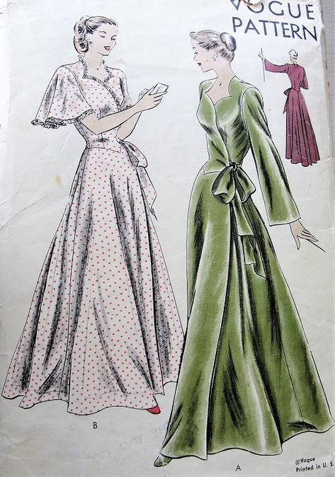 1940s GLAMOROUS Negligee or Housecoat Robe Pattern VOGUE 6140 Easy To Make Two Stunning Styles So Old Hollywood Glam Bust 30 Vintage Lingerie Sewing Pattern Vintage Housecoat Pattern, Luxury Robe Pattern, Old Money Sewing Pattern, Hollywood Glam Outfit, Housecoat Pattern, Vintage Housecoat, Sleeping Robe, Lingerie Sewing Pattern, Dressing Gown Pattern