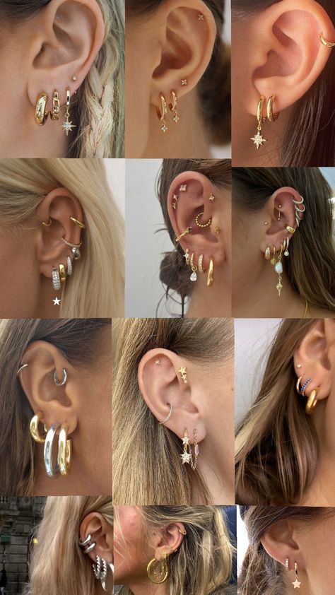 earrings pierced #earringspierced #inspo #jewelry #jewelryinpo #earringsjewelry How To Stack Earrings, Silver Piercing Stack, Gold And Silver Earrings Mixing, Earring Placement Ideas, Mixed Metal Earring Stack, Ear Piercing Ideas Silver, Multiple Piercings Earrings, Mixed Metal Earrings, Stacked Earrings