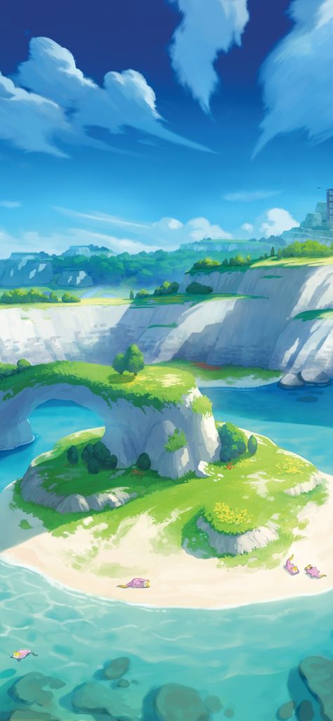 Island Digital Painting Tutorials, Pokemon Themed Party, Pokemon Wallpapers, Pastel Background Wallpapers, Island Wallpaper, Landscape Concept, Pastel Background, Fantasy Art Landscapes, Landscape Illustration