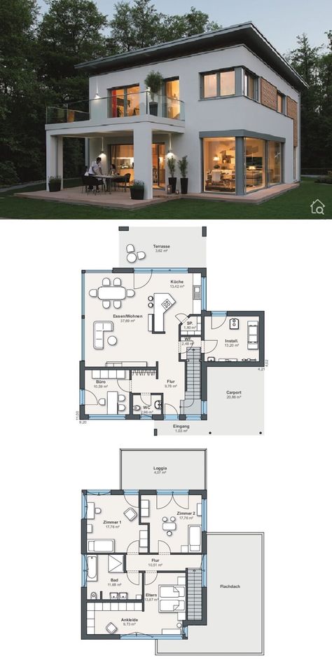 Modern Passive House With Flat Roof Architecture & 5 Rooms Floor Plan 17C Modern House Floor Plans, Two Story House, Rumah Minecraft, Casas The Sims 4, Sims House Plans, Roof Architecture, House Layout Plans, Architectural House Plans, Prefabricated Houses