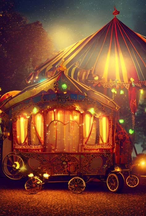 ✨Steampunk circus fantasy caravan at night, tent #digitalart Traveling Circus Caravan, Circus Fantasy Art, Spooky Carnival Aesthetic, Fantasy Carnival Art, Circus Astethic, Victorian Circus Aesthetic, Circus Dnd, Fantasy Caravan, Fantasy Tent