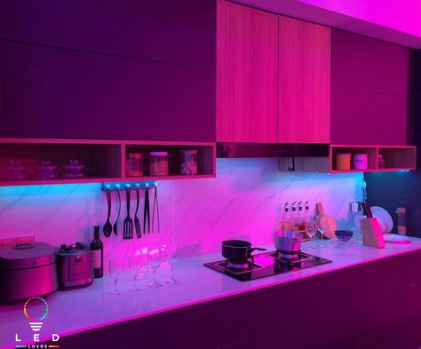 Led Lights Bedroom Modern, Led Apartment Kitchen, Led Kitchen Aesthetic, Kitchen Ideas Led Light, Led In Kitchen, Led Home Lighting, Kitchen Ideas With Led Lights, Led Lights House Aesthetic, Led Lights Kitchen Aesthetic