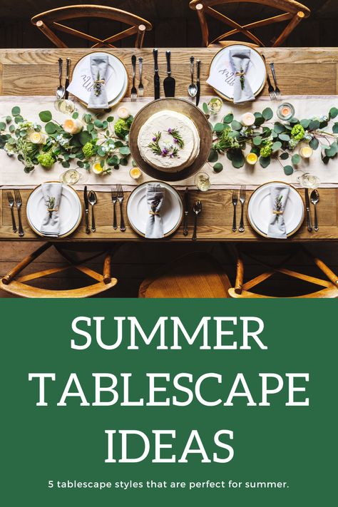 Whether you've been dreaming of an elegant outdoor dinner party or a fun kids birthday on the lawn, your table will most likely be the focal point.  If you want to create a memorable tablescape for your next event, here are 5 styles that are perfect for summer.  #tablescapeideas #tablescapes #summertablescapes #homeentertaining #summerpartyideas #summerparty Outdoor Dinner Tablescape, Outdoor Table Top Decor Ideas, Backyard Dinner Party Table Elegant, Summer Outdoor Table Settings, Outdoor Dinner Parties Tablescapes, Dinner Party Summer Table Settings, Table Setting For Dinner Party, Outdoor Dinner Party Decor, Dinner Party Centerpiece Ideas