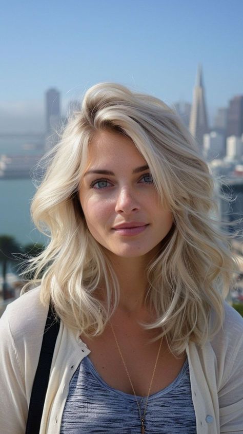 Discover the allure of 22 chic layered haircuts tailored for mid-length hair, offering sophistication and charm. Mid Length Blonde Hair, Wavy Mid Length Hair, Perfect Blonde Hair, Blonde Layered Hair, Medium Length Hair Cuts With Layers, Medium Layered Hair, Mid Length Hair With Layers, Blonde Haircuts, Blowout Hair