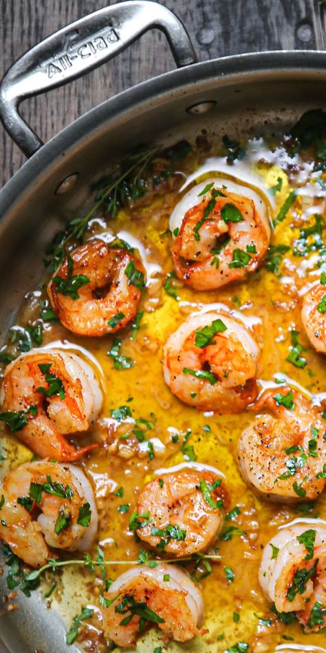 Seared Shrimp with Garlic Lemon Butter Herb Sauce in a stainless steel pan. Shrimp Butter Sauce, Rotating Meal Plan, Butter Herb Sauce, Steak And Lobster Dinner, Lemon Butter Shrimp, Lemon Shrimp Recipes, Shrimp With Garlic, Butter Herb, Buttered Shrimp Recipe