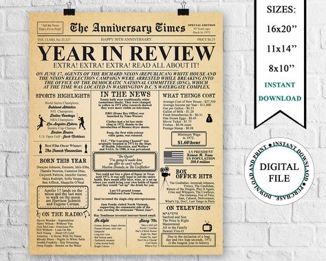 "1972 Year in Review, 50 Years Ago Back in 1972, Newspaper 50th Anniversary Sign, 1972 Anniversary Poster, Instant Download, Printable File *THIS PRODUCT LISTED IS A DIGITAL DOWNLOAD NOT A PRINTED PRODUCT. PLEASE READ THE BELOW INFORMATION CAREFULLY BEFORE YOU PURCHASE.* This listing is for an INSTANT DOWNLOAD FILE. Please have in mind - No printed items will be shipped. With your file, you may print as many copies as you need wherever and however you want! * You will receive a high-resolution 3 1932 Birthday, 1954 Birthday, 1964 Birthday, 1974 Birthday, Milestone Birthday Party, 45th Birthday, Anniversary Sign, 60 Years Ago, Year In Review