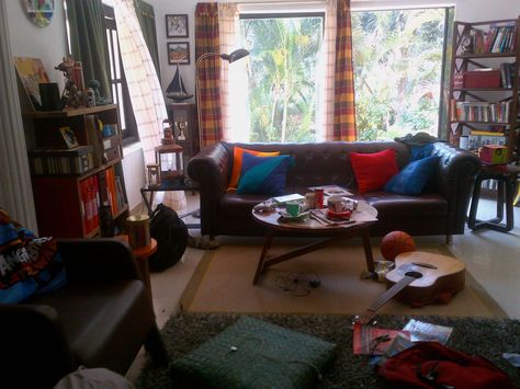 Messy, Young, Bachelors, Living Room, Designed and Styled by Niyoti 90s Grunge Living Room, Cool Living Room Aesthetic, 00s Living Room, 2000s Living Room Aesthetic, Early 2000s Interior Design, Messy Living Room Aesthetic, Middle Class Living Room, 2000s Living Room, Grunge Living Room