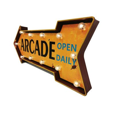 Light up your space and let the good times roll with this vintage inspired LED "Arcade" sign. | Trinx Arcade Arrow LED Sign | Wayfair 60s Room, Arcade Sign, Eiffel Tower Lights, Lighting Hacks, Game Room Signs, Metal Signage, Vintage Marquee Sign, Vintage Marquee, Cafe Branding
