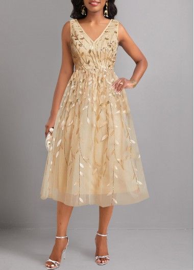 ROTITA Embroidery Champagne V Neck Sleeveless Dress | Rotita.com - USD $39.98 October Wedding Guest Dress, Elegant Dresses Plus Size, Sleeveless V Neck Dress, Champagne Color Dress, V Neck Sleeveless Dress, Beach Bridesmaid Dresses, Flowy Design, Plaid Outfits, Fashion Dresses Online