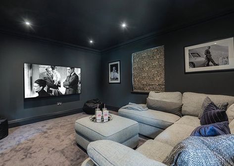Theater Room Paint Colors, Media Room Colors, Cinema Room Small, Home Cinema Room Ideas, Small Room Setup, Basement Tv Rooms, Living Room Home Theater, Charcoal Colour, Home Theater Room Design