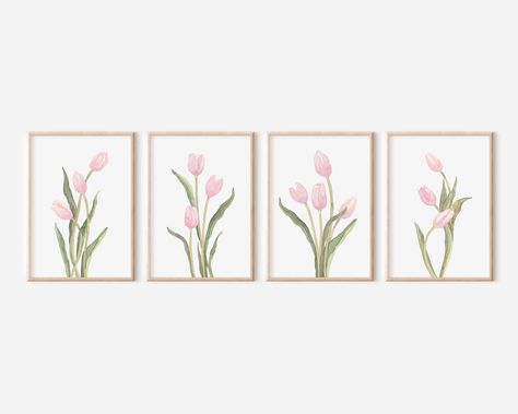 These lovely tulip watercolor art prints would be a beautiful spring accent to your home wall decor. The illustrations are made in digital files from our original hand-painted Tulips watercolor paintings. Watercolor Paintings Simple, Flower Gallery Wall, Paintings Simple, Tulip Watercolor, Painted Tulips, Tulips Watercolor, Tulip Wall Art, Wall Art Set Of 4, Flower Gallery