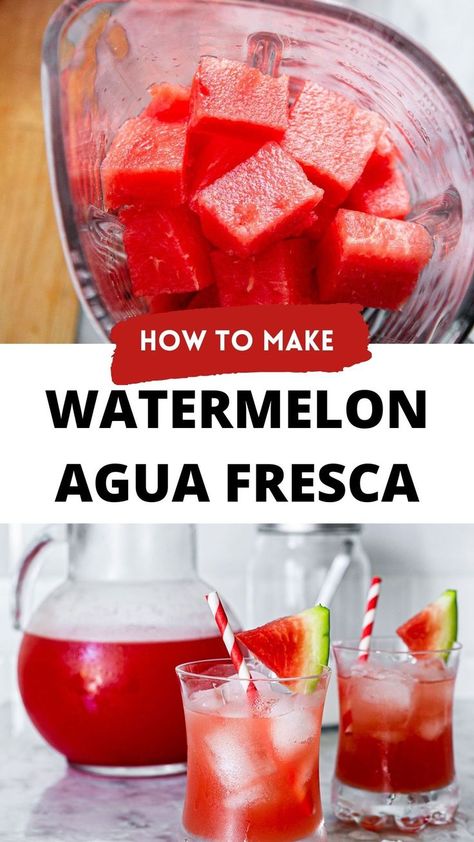 A collage with two photos of watermelon agua fresca drink and with text overlay. Mango Agua Fresca, Cantaloupe Drink, Aqua Fresca Recipes, Melon Water, Fresca Drinks, Watermelon Agua Fresca, Agua Fresca Recipe, Watermelon Water, Mexican Drinks