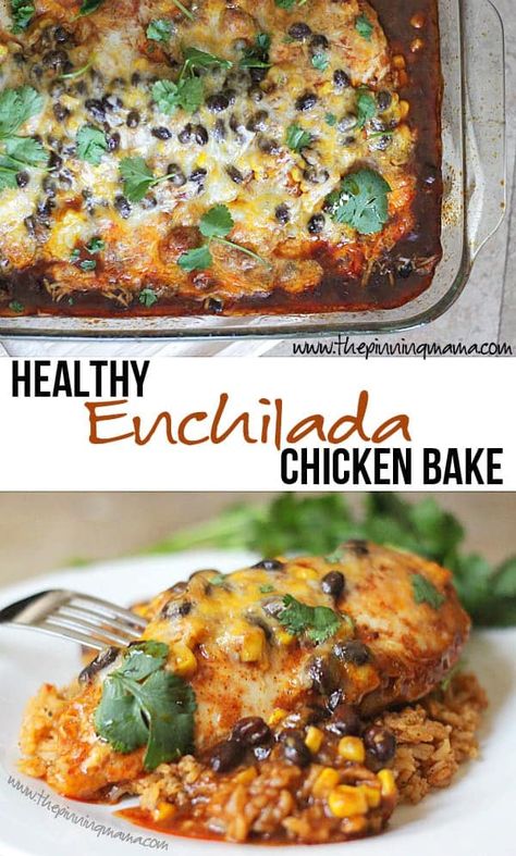 Healthy Enchilada Chicken Bake Recipe • The Pinning Mama Enchilada Sauce Mexican, Enchilada Chicken, Chicken Bake Recipe, Enchiladas Healthy, Chicken Bake, Red Enchilada Sauce, Enchilada Sauce, Chicken Enchiladas, Baked Chicken Recipes