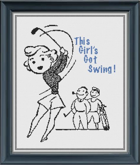 "This Girl's Got Swing! Ladies Golf themed cross stitch pattern. Full stitch only pattern that is great for beginner cross stitchers. This cross stitch pattern is a little sassy and a whole lot retro. Stitch it up and frame it, or make it into a pillow or use for whatever your creative mind can conjure up. The two colour design is easily customizable to be created in whatever colour substitutions you want or omit the border or wording to suit your own design needs. 'This Girl's Got Swing' is a d Mid Century Pattern, Golf Theme, Colour Design, Creative Mind, Retro Mid Century, Ladies Golf, Stitch Design, Pattern Download, Style Retro