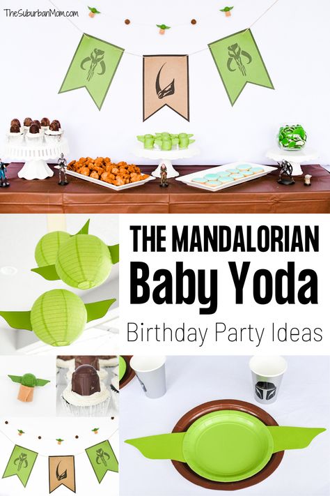 This adorable The Mandalorian Baby Yoda Birthday Party is full of ideas for party to celebrate little foundlings. Easy-to-make birthday party DIYs including Baby Yoda party decorations, Baby Yoda paper lantern, Baby Yoda food ideas, free printable birthday banner, felt ball garland DIY & Mandalorian cupcakes. A fun new Star Wars birthday party idea. Mandalorian Cricut SVG files for easy Cricut projects and more Baby Yoda birthday party ideas. #themandalorian #babyyoda #thechild #grogu #mando Grogu Party Food, Grogu Party Decorations, Mandalorian Cricut Projects, Grogu Cupcake, Grogu Birthday Party Ideas, Grogu Party Ideas, Baby Yoda Birthday Party Decorations, Mandalorian Cupcakes, Mandalorian Party Ideas