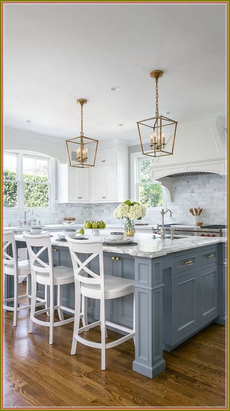 (ad) Stunning kitchen with island Ideas  Add Stools  Install a Waterfall Island  Mix Marble and Metal  Make an Impact With Mirrored Surfaces. Blue Coastal Kitchen, Coastal Kitchen Cabinets, Blue Gray Kitchen Cabinets, Kitchen With White Cabinets, Light Blue Kitchens, Blue Kitchen Island, Stove Kitchen, Farmhouse Kitchen Backsplash, Kitchen Painting